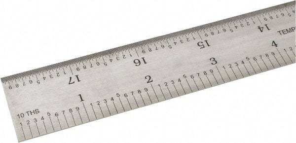 SPI - 18" Long, 1/100, 1/10" and 0.5, 1mm Graduation, Rigid Steel Rule - Decimal/Metric Graduation Style, 1-1/8" Wide, Silver, Satin Chrome Finish - Exact Tool & Supply