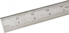 SPI - 18" Long, 1/100, 1/10" and 0.5, 1mm Graduation, Rigid Steel Rule - Decimal/Metric Graduation Style, 1-1/8" Wide, Silver, Satin Chrome Finish - Exact Tool & Supply