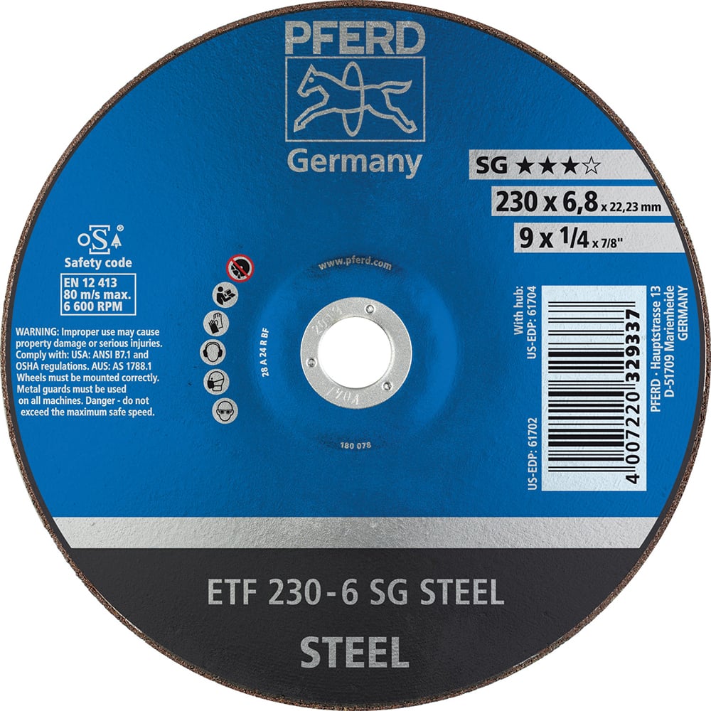 PFERD - Depressed-Center Wheels; Hole Size (Inch): 7/8 ; Connector Type: Arbor ; Wheel Type Number: Type 28 ; Abrasive Material: Aluminum Oxide ; Maximum RPM: 6600.000 ; Bond Type: Resinoid - Exact Tool & Supply