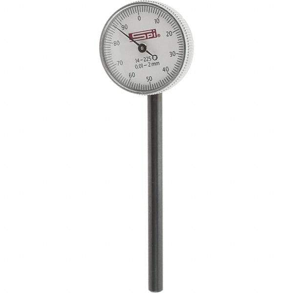 SPI - 2mm Range, 0-100 Dial Reading, 0.001" Graduation Dial Drop Indicator - 1.55" Dial, 2mm Range per Revolution, Includes NPL Traceability Certification - Exact Tool & Supply