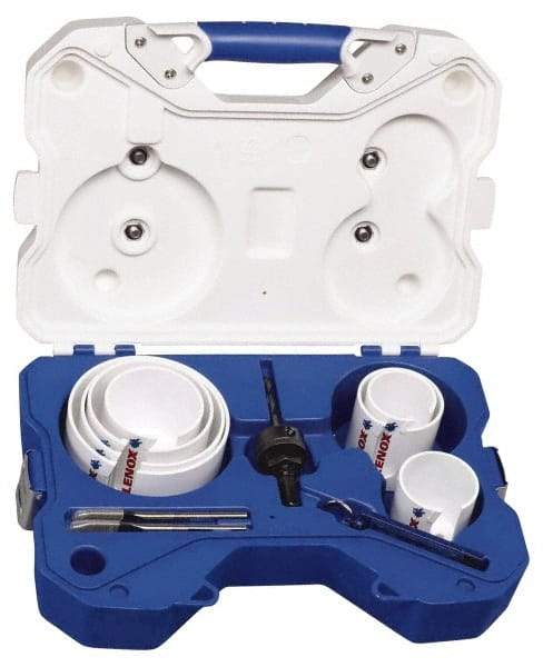 Lenox - 11 Piece, 2-1/8" to 4-5/8" Saw Diam, Hard Wood Hole Saw Kit - High Speed Steel, Toothed Edge, Includes 7 Hole Saws - Exact Tool & Supply