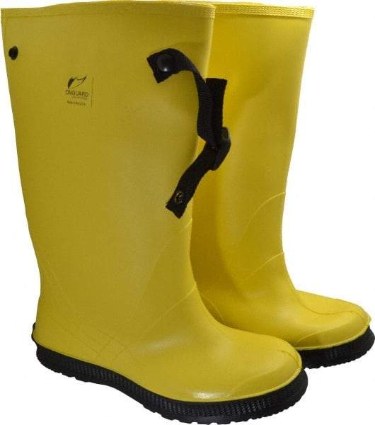 Dunlop Protective Footwear - Men's 11 Rain & Cold Resistant Overboots - 17" High, Plain Toe, Self Cleaning & Cleated Sole, PVC Upper, Yellow, Adjustable Polyester Strap, Buckles & Snaps - Exact Tool & Supply