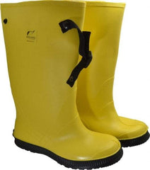 Dunlop Protective Footwear - Men's 11 Rain & Cold Resistant Overboots - 17" High, Plain Toe, Self Cleaning & Cleated Sole, PVC Upper, Yellow, Adjustable Polyester Strap, Buckles & Snaps - Exact Tool & Supply