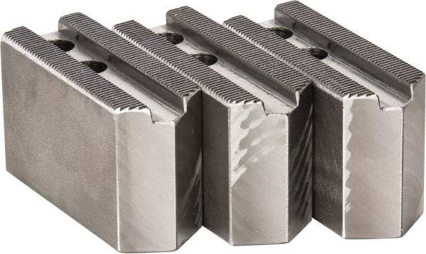 H & R Manufacturing - 1.5mm x 60° Serrated Attachment, Square Soft Lathe Chuck Jaw - 3 Jaws, Steel, 0.787" Btw Mount Hole Ctrs, 3-1/8" Long x 1-1/4" Wide x 2" High, 0.472" Groove, 10mm Fastener - Exact Tool & Supply