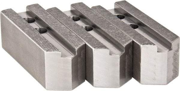 H & R Manufacturing - 1.5mm x 60° Serrated Attachment, Square Soft Lathe Chuck Jaw - 3 Jaws, Steel, 1" Btw Mount Hole Ctrs, 4-1/4" Long x 1-1/2" Wide x 1-1/2" High, 0.551" Groove, 12mm Fastener - Exact Tool & Supply