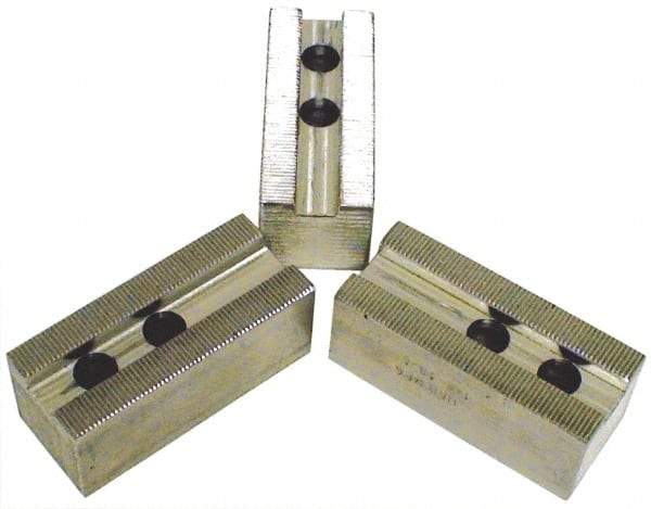 H & R Manufacturing - 1.5mm x 60° Serrated Attachment, Square Soft Lathe Chuck Jaw - 3 Jaws, Aluminum, 1.69" Btw Mount Hole Ctrs, 6-1/2" Long x 2-1/2" Wide x 2-1/2" High, 1" Groove, 20mm Fastener - Exact Tool & Supply