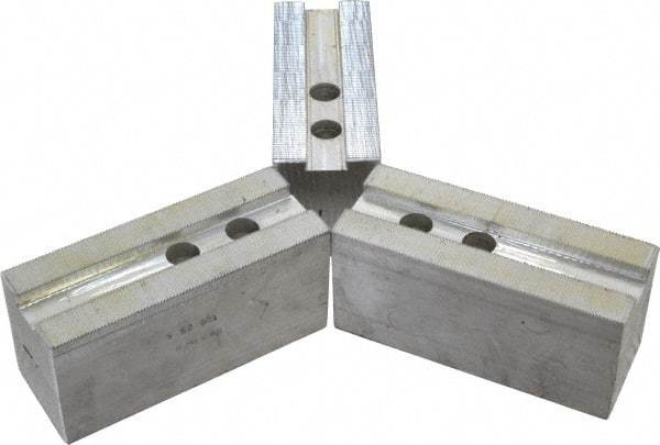 H & R Manufacturing - 1.5mm x 60° Serrated Attachment, Square Soft Lathe Chuck Jaw - 3 Jaws, Aluminum, 1.181" Btw Mount Hole Ctrs, 5-1/4" Long x 2" Wide x 2-1/2" High, 0.71" Groove, 14mm Fastener - Exact Tool & Supply