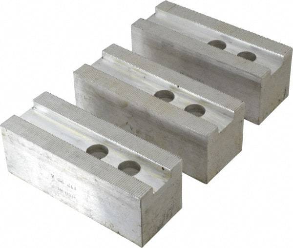 H & R Manufacturing - 1.5mm x 60° Serrated Attachment, Square Soft Lathe Chuck Jaw - 3 Jaws, Aluminum, 1.181" Btw Mount Hole Ctrs, 5-1/4" Long x 2" Wide x 2" High, 0.827" Groove, 16mm Fastener - Exact Tool & Supply