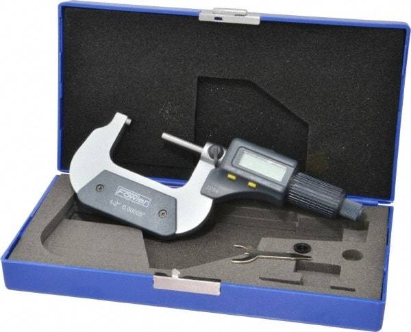 Fowler - 1 to 2 Inch Range, 0.0001 Inch Resolution, Standard Throat, IP54 Electronic Outside Micrometer - 0.0001 Inch Accuracy, Friction Thimble, 357 Battery, Data Output, Includes Case and Wrench - Exact Tool & Supply