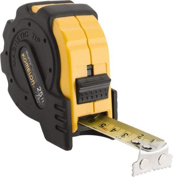 Komelon - 25' x 1" Yellow Blade Tape Measure - 1/16" & 1mm Graduation, Inch/Metric Graduation Style, Yellow/Black Case - Exact Tool & Supply