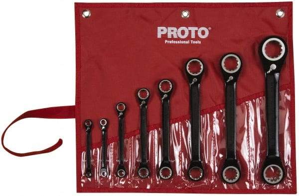 Proto - 8 Piece, 7/32" x 9/32" to 1" x 1-1/8", 12 Point Ratcheting Box Wrench Set - Inch Measurement Standard, Black/Chrome Finish, Comes in Pouch - Exact Tool & Supply