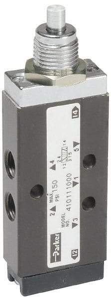 Parker - 0.20 CV Rate, 1/8" NPT Inlet Direct Air 2 Mechanical Spool Valve - 4 Way, 2 Position, 150 Max psi, Plunger Spring Return - Exact Tool & Supply