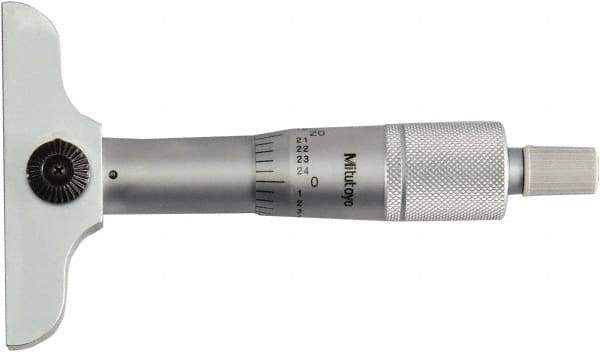 Mitutoyo - 0 to 1" Range, 1 Rod, Mechanical Depth Micrometer - Ratchet Stop Thimble, 2-1/2" Base Length, 0.01mm Graduation, 4mm Rod Diam - Exact Tool & Supply