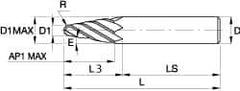 Kennametal - 6° Taper Angle per Side, 0.394" Small End Diam, 52.3mm LOC, Solid Carbide 4 Flute Tapered Ball End Mill - TiAlN/TiN/TiAlN Finish, 125mm OAL, 20mm Shank Diam, Spiral Flute, 30° Helix - Exact Tool & Supply