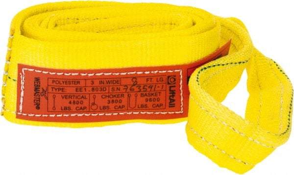 Lift-All - 8' Long x 3" Wide, 4,800 Lb Vertical Capacity, 1 Ply, Polyester Web Sling - 3,800 Lb Choker Capacity, Yellow - Exact Tool & Supply