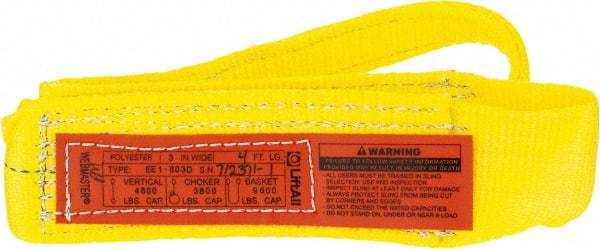 Lift-All - 4' Long x 3" Wide, 4,800 Lb Vertical Capacity, 1 Ply, Polyester Web Sling - 3,800 Lb Choker Capacity, Yellow - Exact Tool & Supply