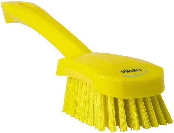 Vikan - 1.3" Bristle Length, Polyester Scrub Brush - 4-1/4" Long x 2-3/4" Wide Head, 10" OAL, Yellow, Polypropylene Block - Exact Tool & Supply