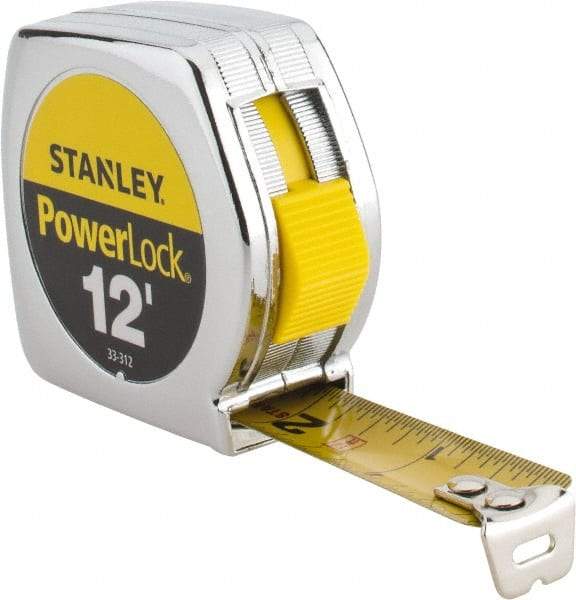 Stanley - 12' x 3/4" Yellow Blade Tape Measure - 1/32 & 1/16" Graduation, Inch Graduation Style, Silver Case - Exact Tool & Supply
