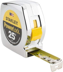 Stanley - 25' x 1" Yellow Blade Tape Measure - 1/16" Graduation, Inch Graduation Style, Silver Case - Exact Tool & Supply