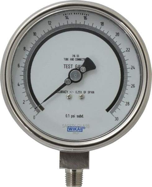 Wika - 4" Dial, 1/4 Thread, 0-30 Scale Range, Pressure Gauge - Lower Connection Mount, Accurate to 0.25% of Scale - Exact Tool & Supply