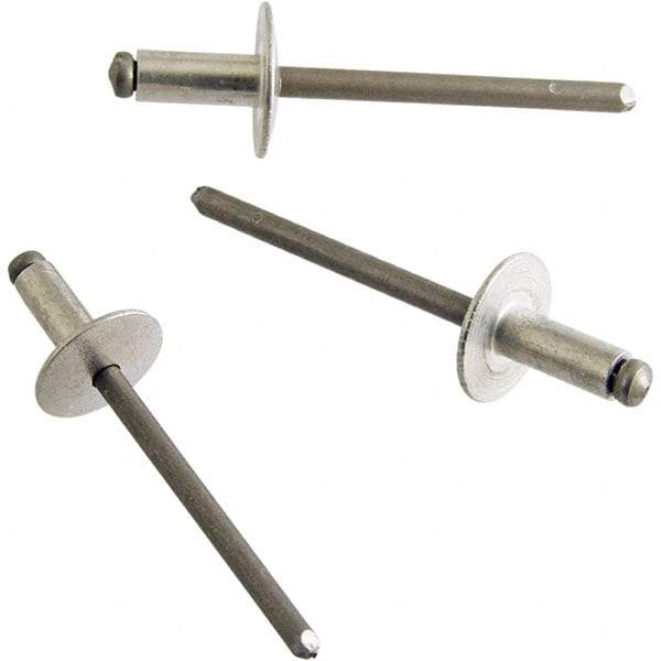 STANLEY Engineered Fastening - Size 6 Large Flange Head Aluminum Open End Blind Rivet - Steel Mandrel, 0.126" to 1/4" Grip, 3/16" Head Diam, 0.192" to 0.196" Hole Diam, 0.116" Body Diam - Exact Tool & Supply