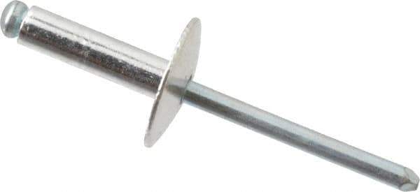 RivetKing - Size 68 Large Flange Dome Head Aluminum Open End Blind Rivet - Steel Mandrel, 0.376" to 1/2" Grip, 5/8" Head Diam, 0.192" to 0.196" Hole Diam, 0.7" Length Under Head, 3/16" Body Diam - Exact Tool & Supply