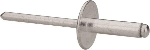 RivetKing - Size 68 Large Flange Dome Head Aluminum Open End Blind Rivet - Aluminum Mandrel, 0.376" to 1/2" Grip, 5/8" Head Diam, 0.192" to 0.196" Hole Diam, 0.7" Length Under Head, 3/16" Body Diam - Exact Tool & Supply