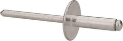 RivetKing - Size 68 Large Flange Dome Head Aluminum Open End Blind Rivet - Aluminum Mandrel, 0.376" to 1/2" Grip, 5/8" Head Diam, 0.192" to 0.196" Hole Diam, 0.7" Length Under Head, 3/16" Body Diam - Exact Tool & Supply
