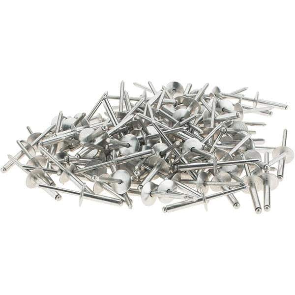 RivetKing - Size 612 Large Flange Dome Head Aluminum Open End Blind Rivet - Aluminum Mandrel, 0.626" to 3/4" Grip, 5/8" Head Diam, 0.192" to 0.196" Hole Diam, 0.95" Length Under Head, 3/16" Body Diam - Exact Tool & Supply