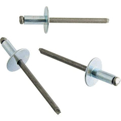 STANLEY Engineered Fastening - Size 6 Large Flange Head Steel Open End Blind Rivet - Steel Mandrel, 0.126" to 1/4" Grip, 3/16" Head Diam, 0.192" to 0.196" Hole Diam, 0.116" Body Diam - Exact Tool & Supply