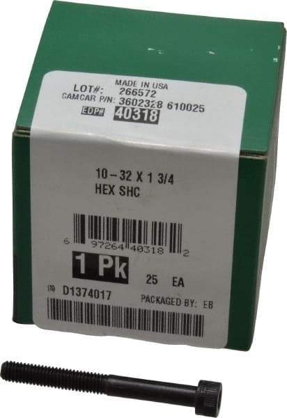 Made in USA - #10-32 UNF Hex Socket Drive, Socket Cap Screw - Alloy Steel, Black Oxide Finish, Partially Threaded, 1-3/4" Length Under Head - Exact Tool & Supply