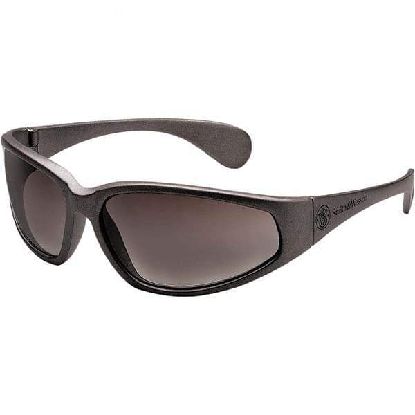 Smith & Wesson - Gray Lenses, Framed Safety Glasses - Scratch Resistant, Black Plastic Frame, Size Universal, Wrap Around - Exact Tool & Supply