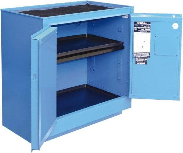 Securall Cabinets - 2 Door, 1 Shelf, Blue Steel Standard Safety Cabinet for Corrosive Chemicals - 36" High x 35" Wide x 22" Deep, Manual Closing Door, 3 Point Key Lock, 24 Gal Capacity - Exact Tool & Supply