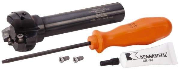 Kennametal - 1.518" Cut Diam, 0.064" Max Depth, 3/4" Shank Diam, Cylindrical Shank Indexable High-Feed End Mill - Screw Holding Method, HNGJ0604ANENLD Insert, KSHR Toolholder, Through Coolant - Exact Tool & Supply