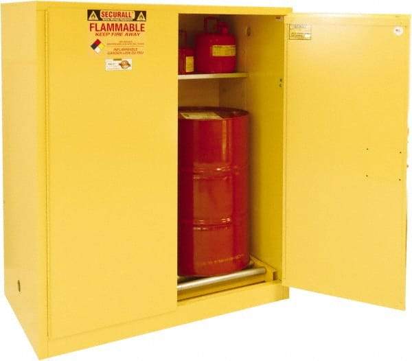 Securall Cabinets - 56" Wide x 31" Deep x 65" High, 18 Gauge Steel Vertical Drum Cabinet with 3 Point Key Lock - Yellow, Manual Closing Door, 1 Shelf, 2 Drums, Drum Rollers Included - Exact Tool & Supply