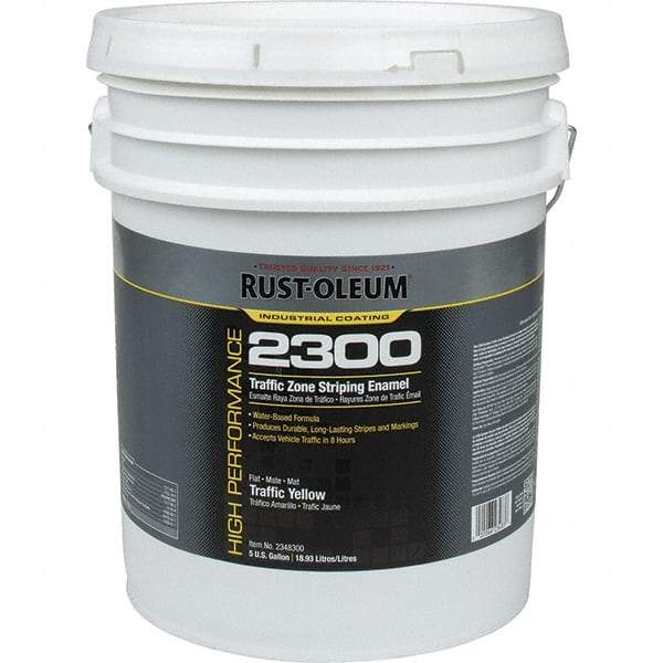 Rust-Oleum - 5 Gal Traffic Yellow Flat Finish Striping Paint - 410 to 540 Sq Ft per Gal, Interior/Exterior - Exact Tool & Supply