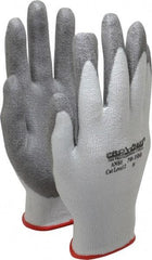 PRO-SAFE - Size S (7), ANSI Cut Lvl A2, Puncture Lvl 1, Abrasion Lvl 4, Polyurethane Coated HPPE Fiber Cut Resistant Gloves - 9" Long, Palm & Fingers Coated, HPPE Fiber Lining, Knit Wrist, White w/ Gray Coating, Paired - Exact Tool & Supply