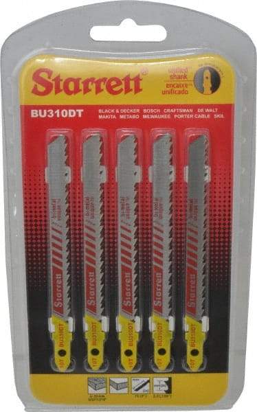 Starrett - 4" Long, 10 Teeth per Inch, Bi-Metal Jig Saw Blade - Toothed Edge, 5/16" Wide x 0.05" Thick, U-Shank, Ground Taper Tooth Set - Exact Tool & Supply