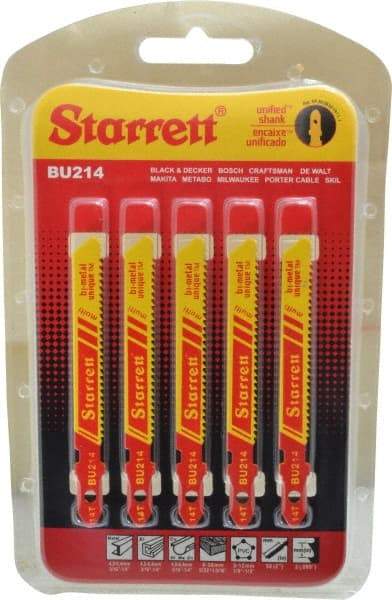 Starrett - 3" Long, 14 Teeth per Inch, Bi-Metal Jig Saw Blade - Toothed Edge, 5/16" Wide x 0.04" Thick, U-Shank, Wavy Tooth Set - Exact Tool & Supply