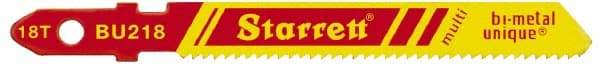Starrett - 3" Long, 18 Teeth per Inch, Bi-Metal Jig Saw Blade - Toothed Edge, 3/8" Wide x 0.04" Thick, U-Shank, Wavy Tooth Set - Exact Tool & Supply