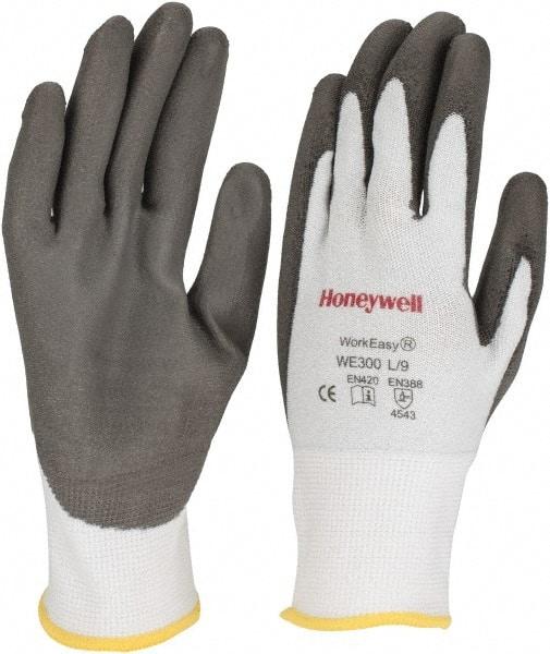 Honeywell - Size L (9), ANSI Cut Lvl 3, Abrasion Lvl 5, Polyurethane Coated Cut Resistant Gloves - 9.5" Long, Palm & Fingers Coated, HPPE Lining, Knit Wrist, Light Gray/Gray, Paired - Exact Tool & Supply