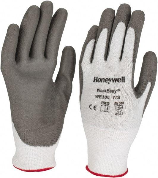 Honeywell - Size S (7), ANSI Cut Lvl 3, Abrasion Lvl 5, Polyurethane Coated Cut Resistant Gloves - 9.5" Long, Palm & Fingers Coated, HPPE Lining, Knit Wrist, Light Gray/Gray, Paired - Exact Tool & Supply