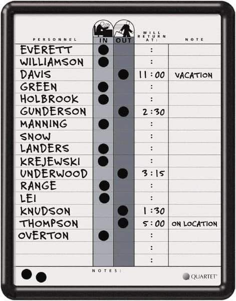 Quartet - 14" High x 11" Wide Magnetic Dry Erase In/Out - Porcelain, Includes Water-Soluble Ink Marker, Magnetic In/Out Circles, Magnetic Name Strips, Self-Stick Vinyl Letters & Wet-Erase Magnetic Remark Strips - Exact Tool & Supply