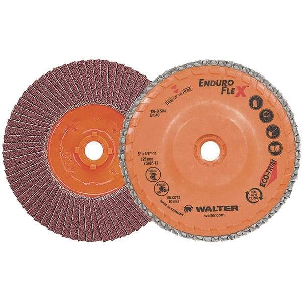 WALTER Surface Technologies - 40 Grit, 5" Disc Diam, 5/8-11 Center Hole, Zirconia Alumina Flap Disc - 13,300 Max RPM, Plastic Backing, Arbor Attaching System, Coated - Exact Tool & Supply