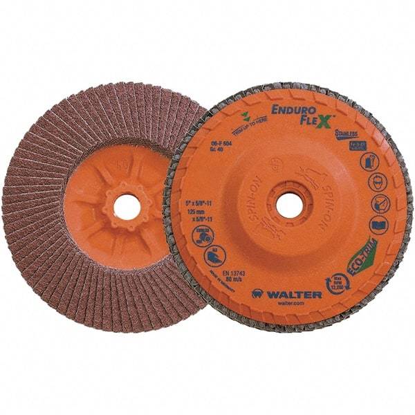 WALTER Surface Technologies - 40 Grit, 5" Disc Diam, 5/8-11 Center Hole, Zirconia Alumina Flap Disc - 8,600 Max RPM, Plastic Backing, Arbor Attaching System, Coated - Exact Tool & Supply