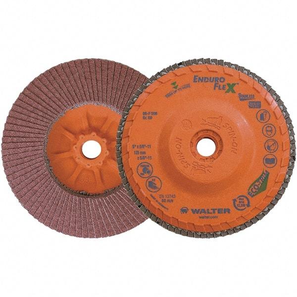 WALTER Surface Technologies - 60 Grit, 5" Disc Diam, 5/8-11 Center Hole, Zirconia Alumina Flap Disc - 8,600 Max RPM, Plastic Backing, Arbor Attaching System, Coated - Exact Tool & Supply