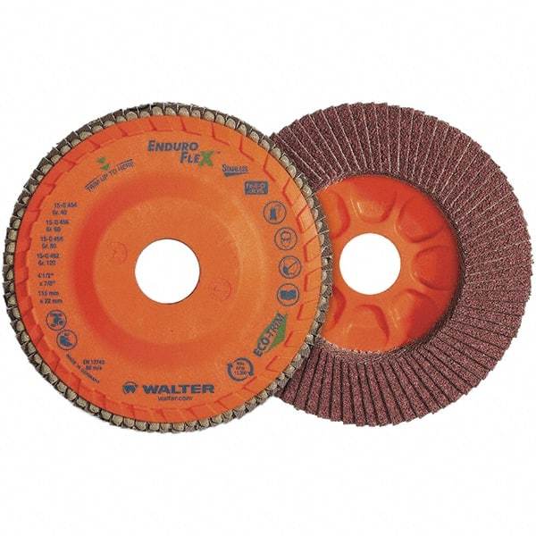 WALTER Surface Technologies - 60 Grit, 4-1/2" Disc Diam, 7/8" Center Hole, Zirconia Alumina Flap Disc - 13,300 Max RPM, Plastic Backing, Arbor Attaching System, Coated - Exact Tool & Supply