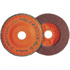 WALTER Surface Technologies - 60 Grit, 4-1/2" Disc Diam, 7/8" Center Hole, Zirconia Alumina Flap Disc - 13,300 Max RPM, Plastic Backing, Arbor Attaching System, Coated - Exact Tool & Supply