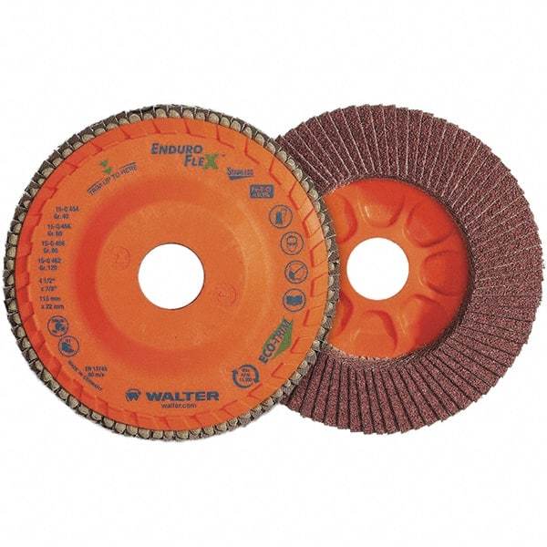 WALTER Surface Technologies - 120 Grit, 4-1/2" Disc Diam, 7/8" Center Hole, Zirconia Alumina Flap Disc - 13,300 Max RPM, Plastic Backing, Arbor Attaching System, Coated - Exact Tool & Supply