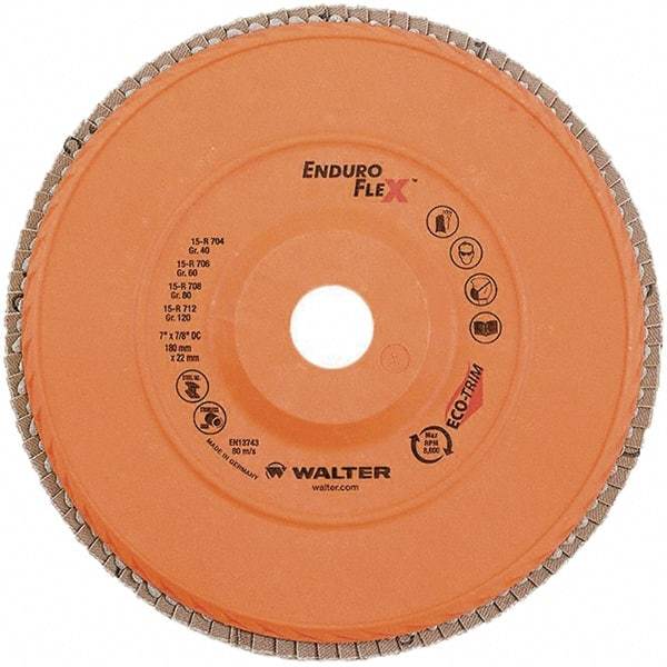 WALTER Surface Technologies - 120 Grit, 7" Disc Diam, 7/8" Center Hole, Zirconia Alumina Flap Disc - 8,600 Max RPM, Plastic Backing, Arbor Attaching System, Coated - Exact Tool & Supply